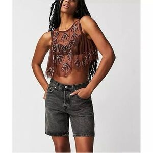 Free People Tulsi Embellished Mesh Tank Brown‎ Size XS NWOT